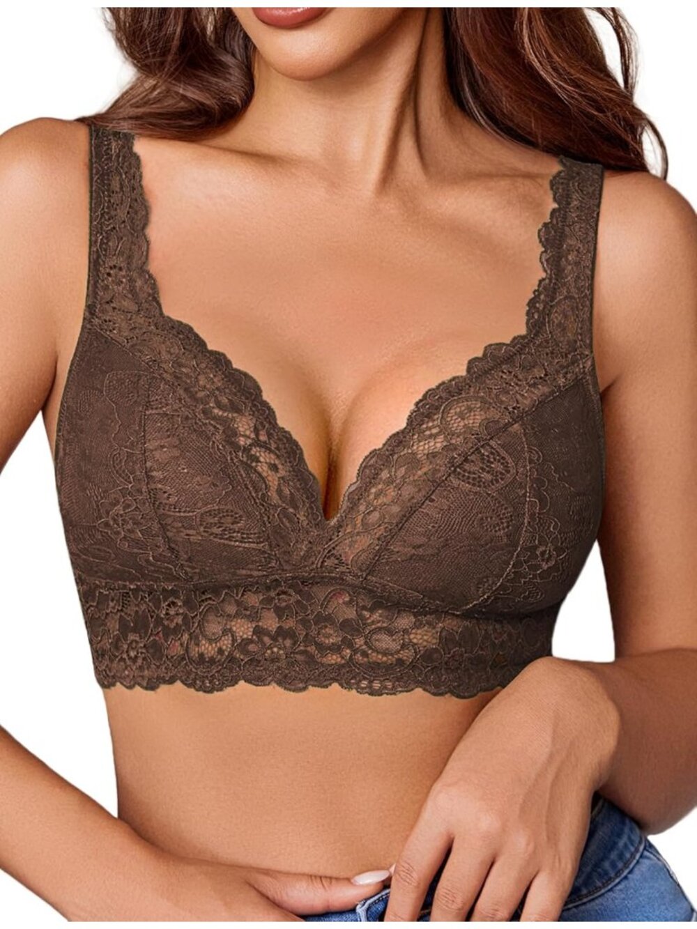 🆕Women's Dark Brown Lace Braclettes V Neck Wireless Bras Unlined Basic Comfy